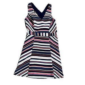 ANTHROPOLOGIE MAEVE Navy, White, & Coral Striped Woven A Line Dress Size Large